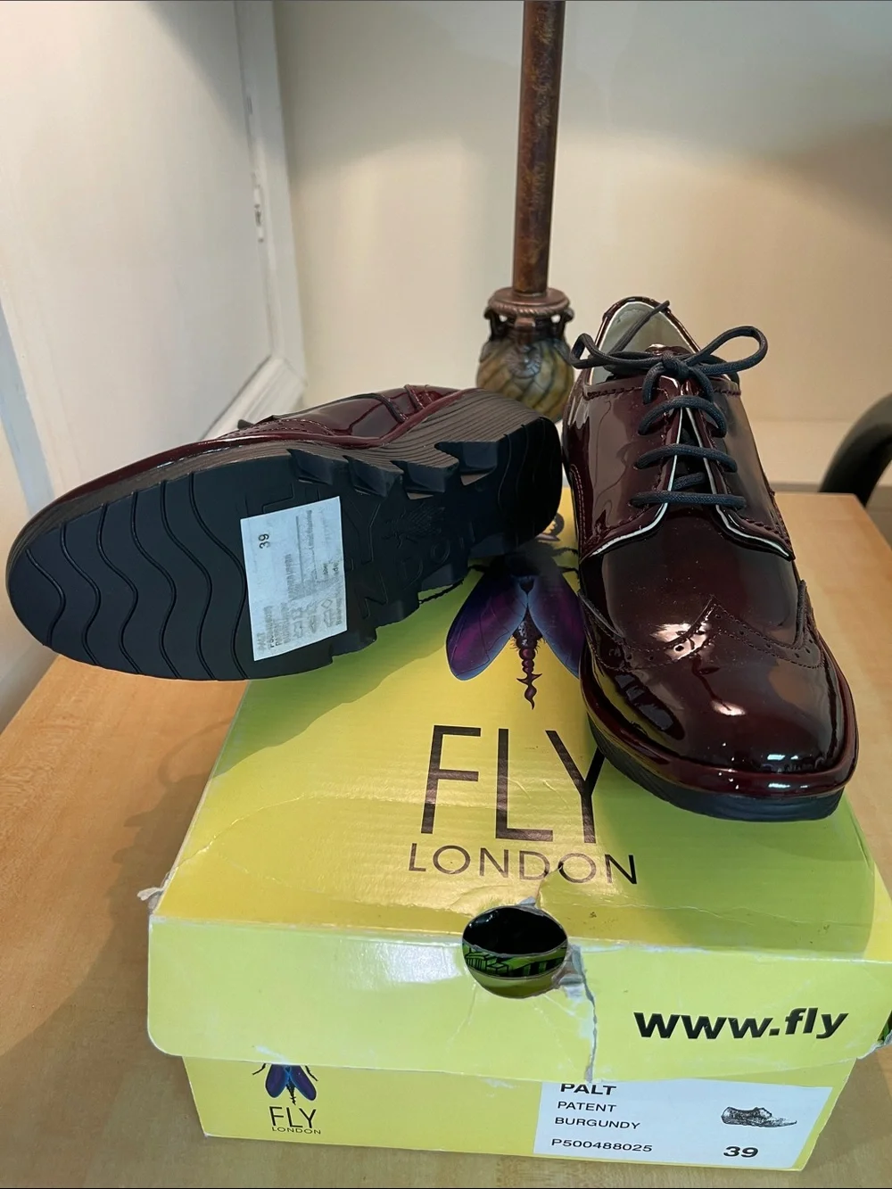 NIB, Fly London, Palt, Patent Leather, Derby Oxfords, Color:  Burgundy, Size: 39